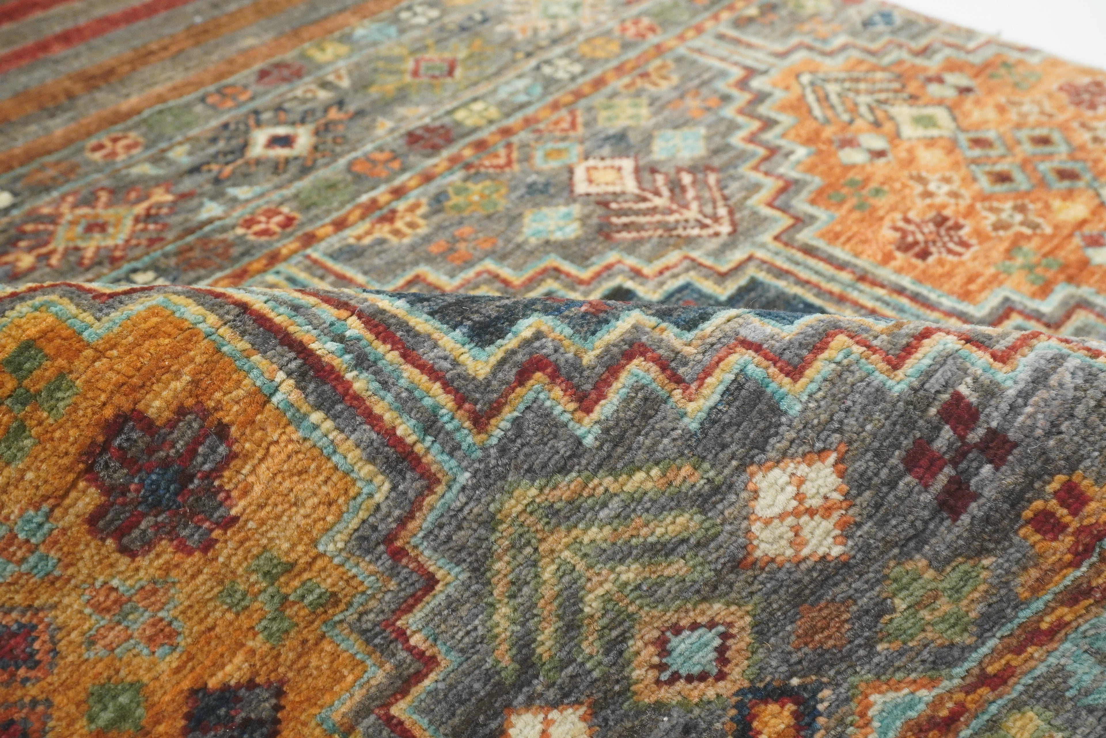 8 ft Gray Khorjin Afghan Hand Knotted Wool Runner Rug - Yildiz Rugs