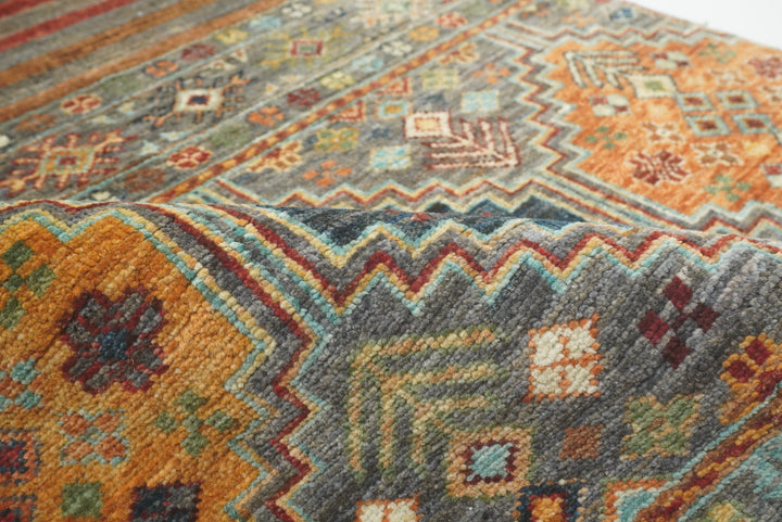 8 ft Gray Khorjin Afghan Hand Knotted Wool Runner Rug - Yildiz Rugs