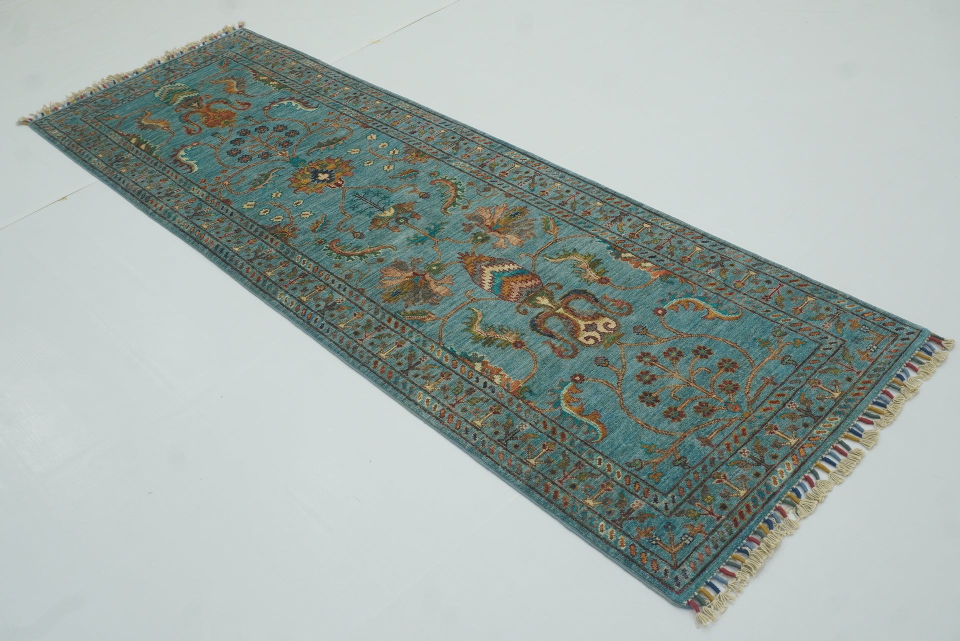 8 ft Waziri Turquoise Blue Afghan Hand-Knotted Runner Rug - Yildiz Rugs