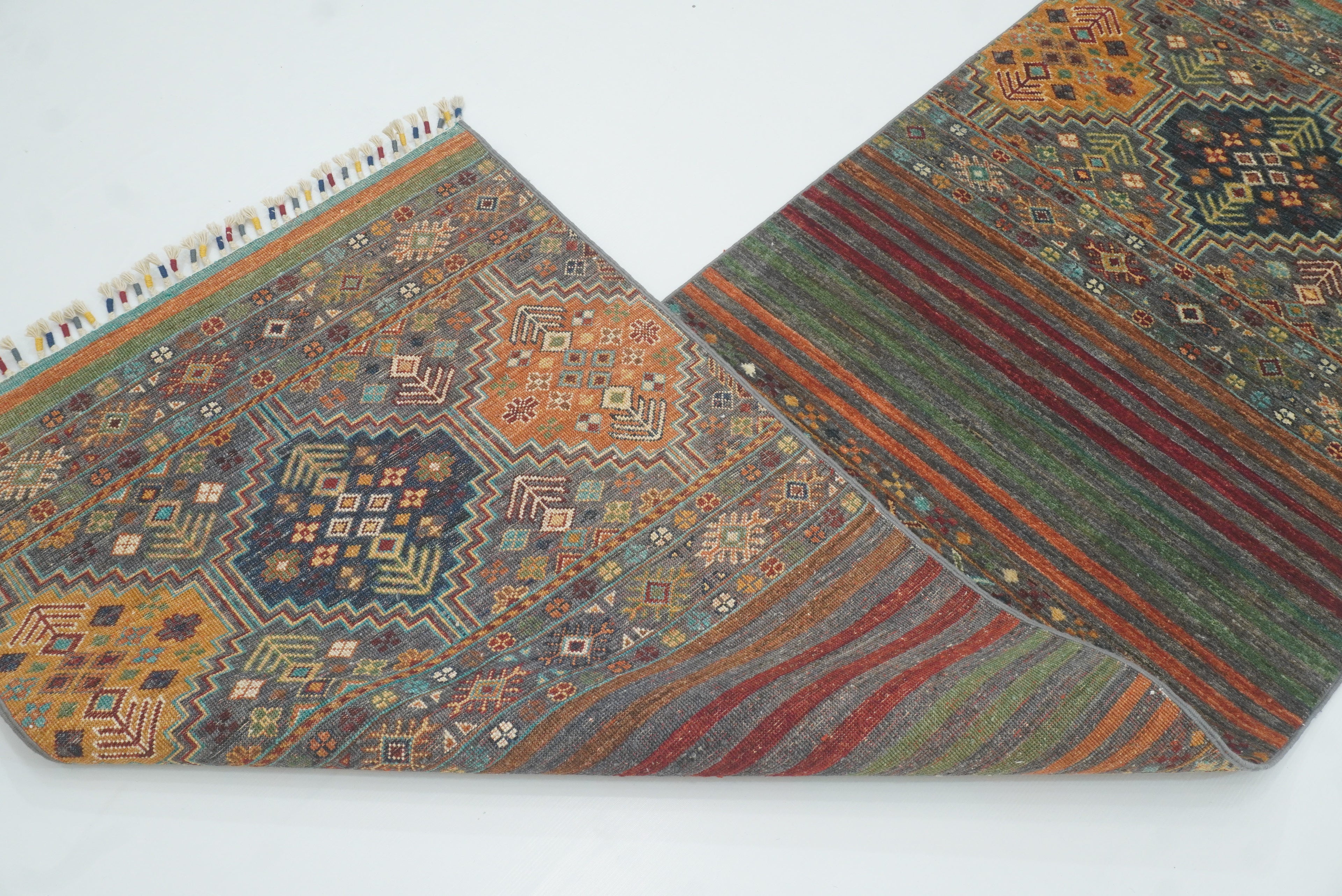 8 ft Gray Khorjin Afghan Hand Knotted Wool Runner Rug - Yildiz Rugs