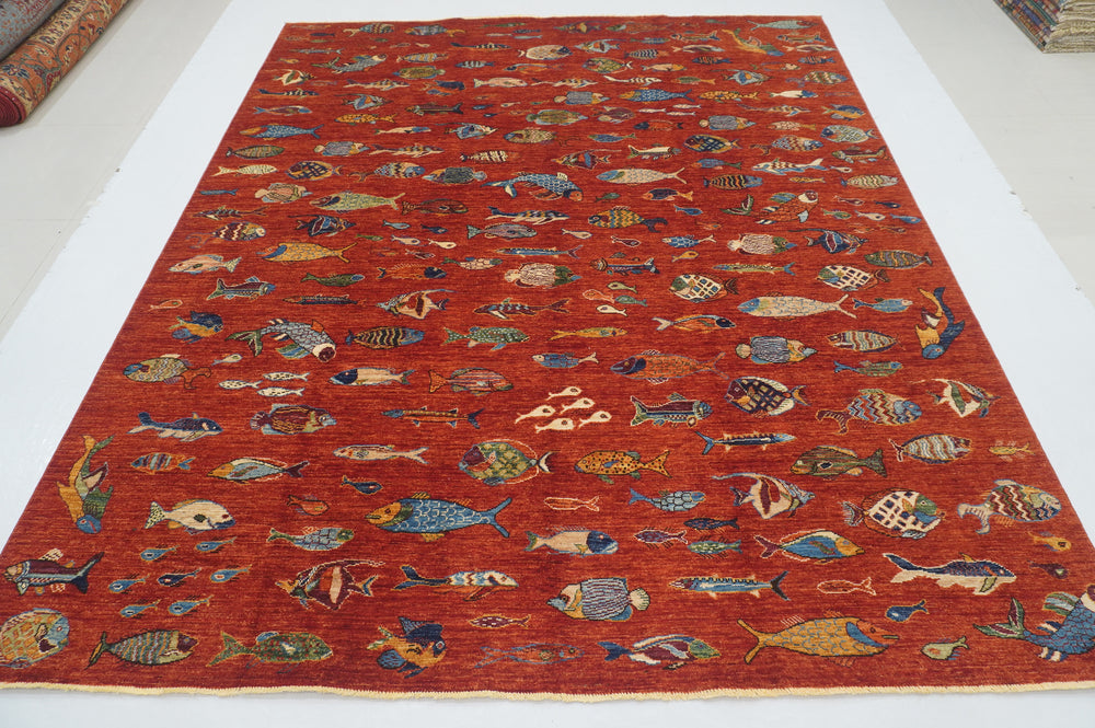 8x10 Fish Gabbeh Rusty Red Afghan Hand knotted Rug - Yildiz Rugs