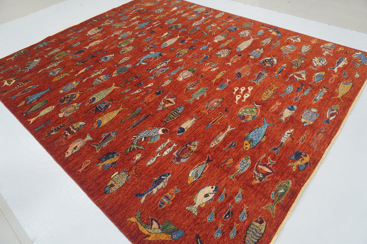 8x10 Fish Gabbeh Rusty Red Afghan Hand knotted Rug - Yildiz Rugs