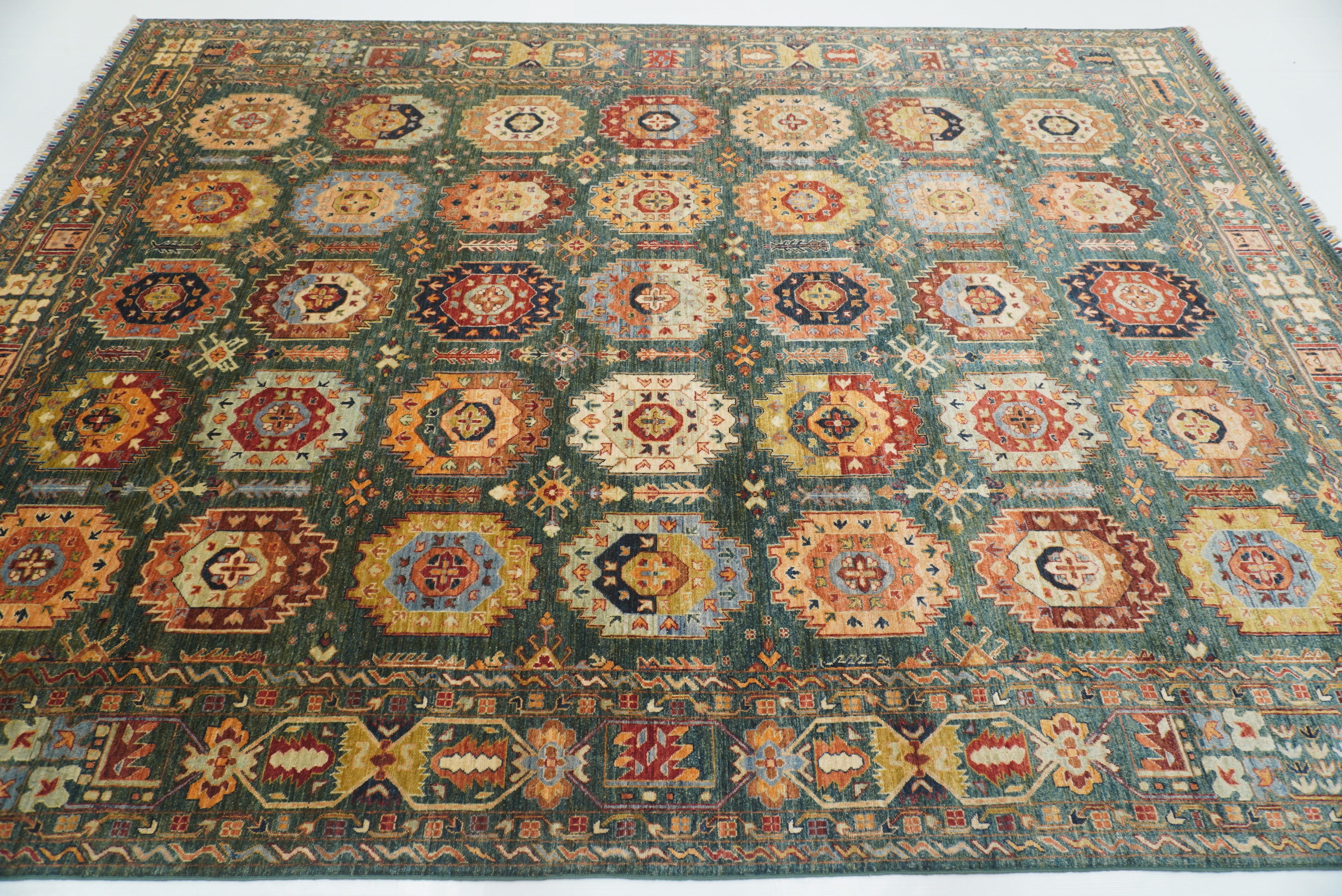 9x12 Dark Green Baluch Afghan Hand knotted Rug - Yildiz Rugs