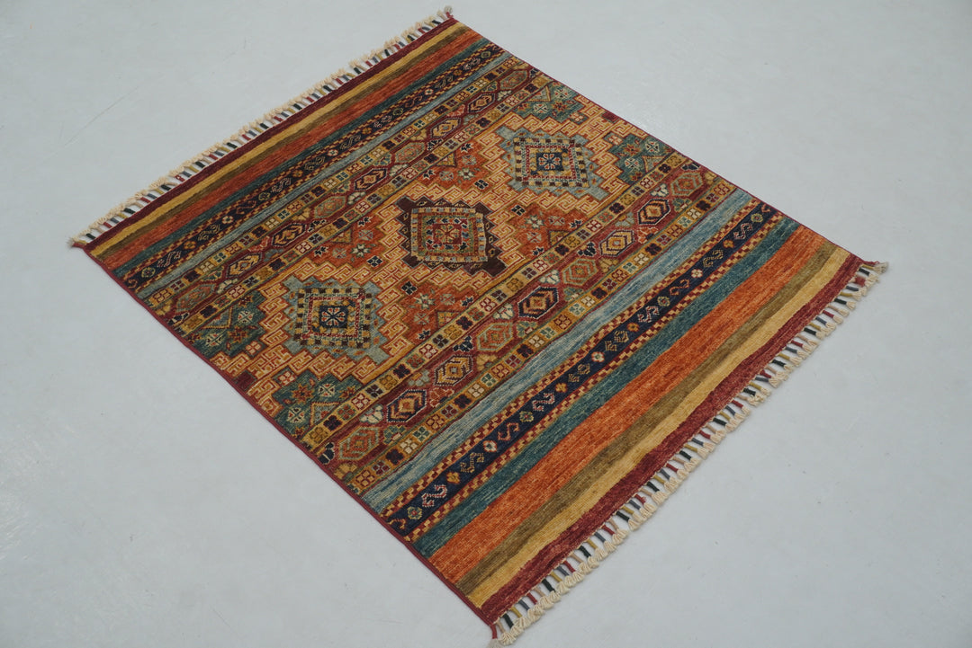 3x3 Orange Afghan Hand knotted Tribal Square Rug