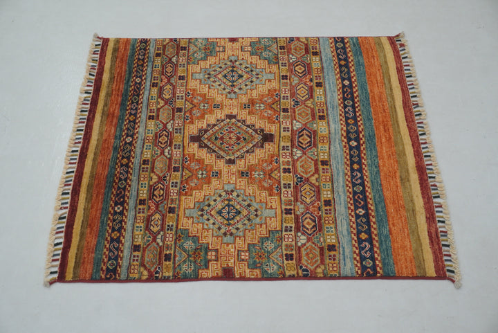 3x3 Orange Afghan Hand knotted Tribal Square Rug