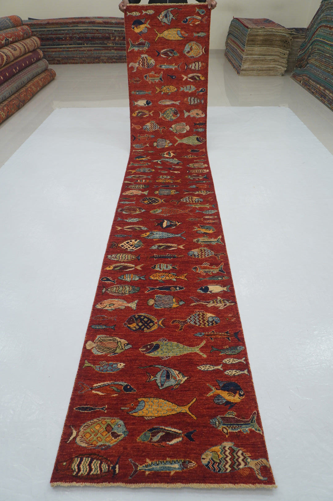 3 x 14 ft Red Fish Gabbeh Afghan Hand knotted Long Runner Rug - Yildiz Rugs