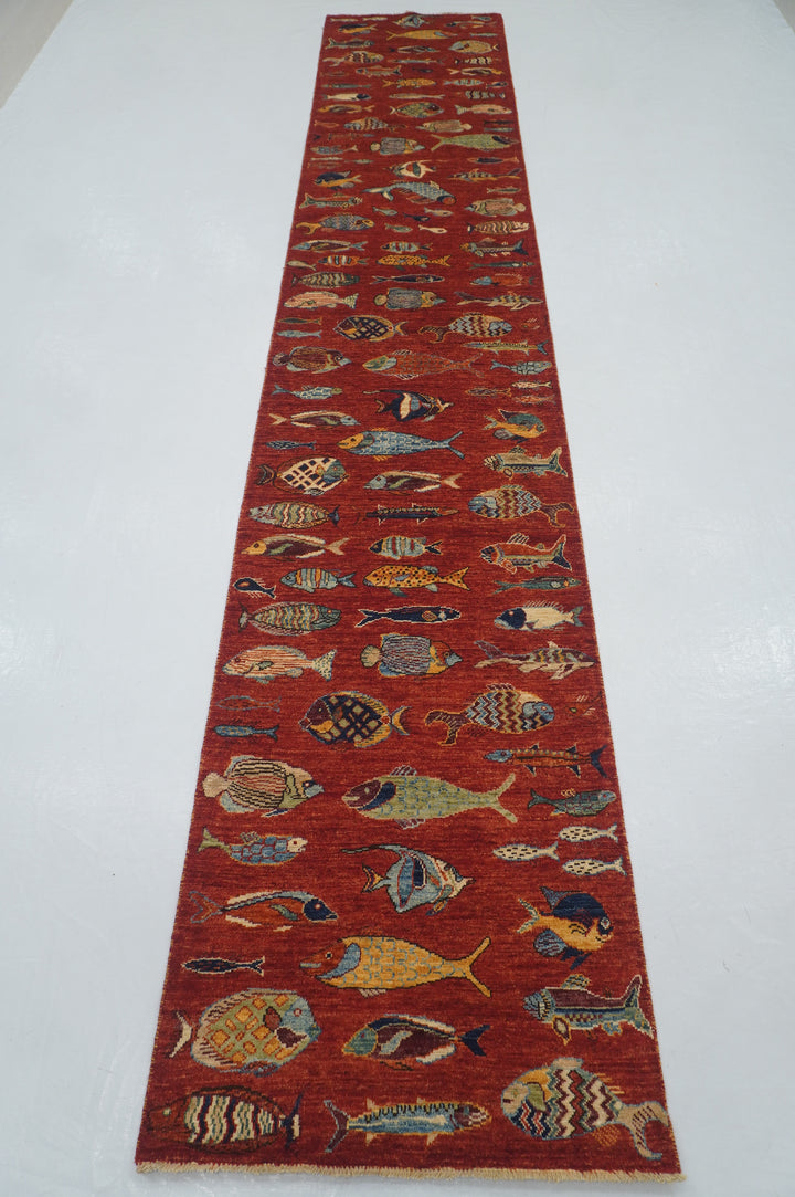 3 x 14 ft Red Fish Gabbeh Afghan Hand knotted Long Runner Rug - Yildiz Rugs