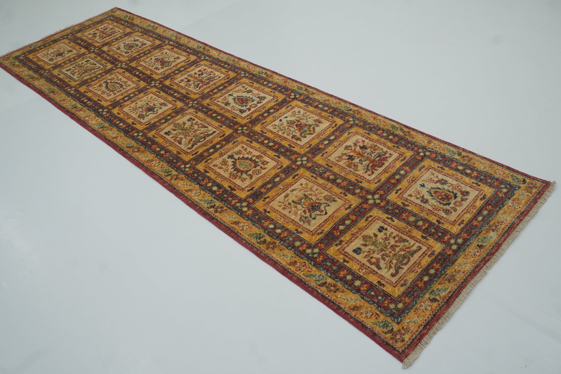 10 ft Beige Hand Knotted Afghan Wool Runner Rug - Yildiz Rugs