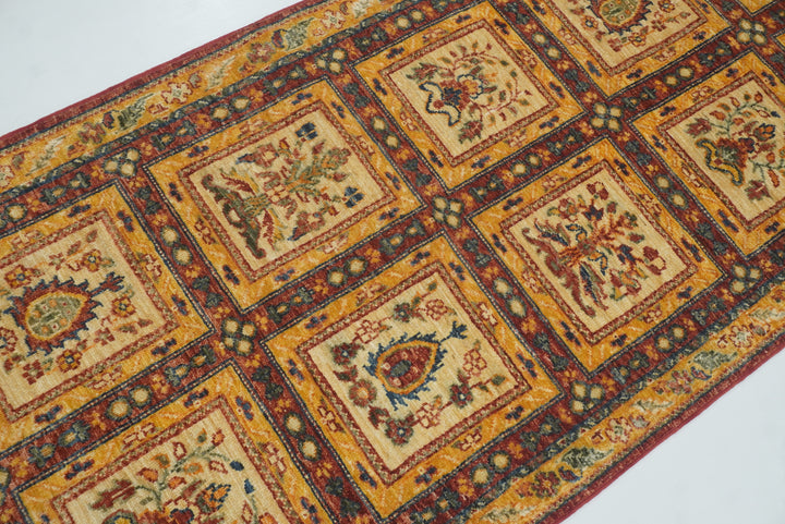 10 ft Beige Hand Knotted Afghan Wool Runner Rug - Yildiz Rugs