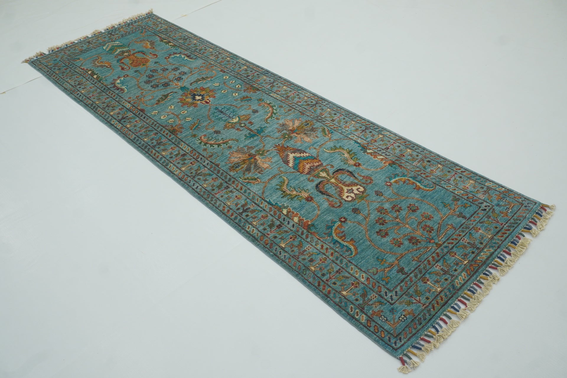 8 ft Waziri Turquoise Blue Afghan Hand-Knotted Wool Runner Rug - Yildiz Rugs