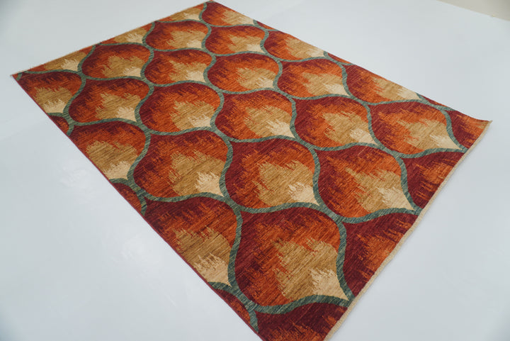 5'7"x7'9" Red Rust Ikat Rug: Afghan Hand-Knotted Wool Rug - Yildiz Rugs