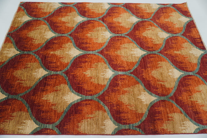 5'7"x7'9" Red Rust Ikat Rug: Afghan Hand-Knotted Wool Rug - Yildiz Rugs