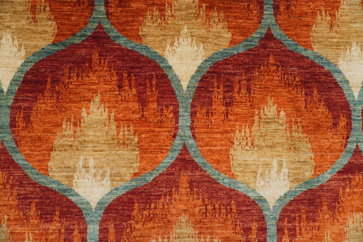 5'7"x7'9" Red Rust Ikat Rug: Afghan Hand-Knotted Wool Rug - Yildiz Rugs