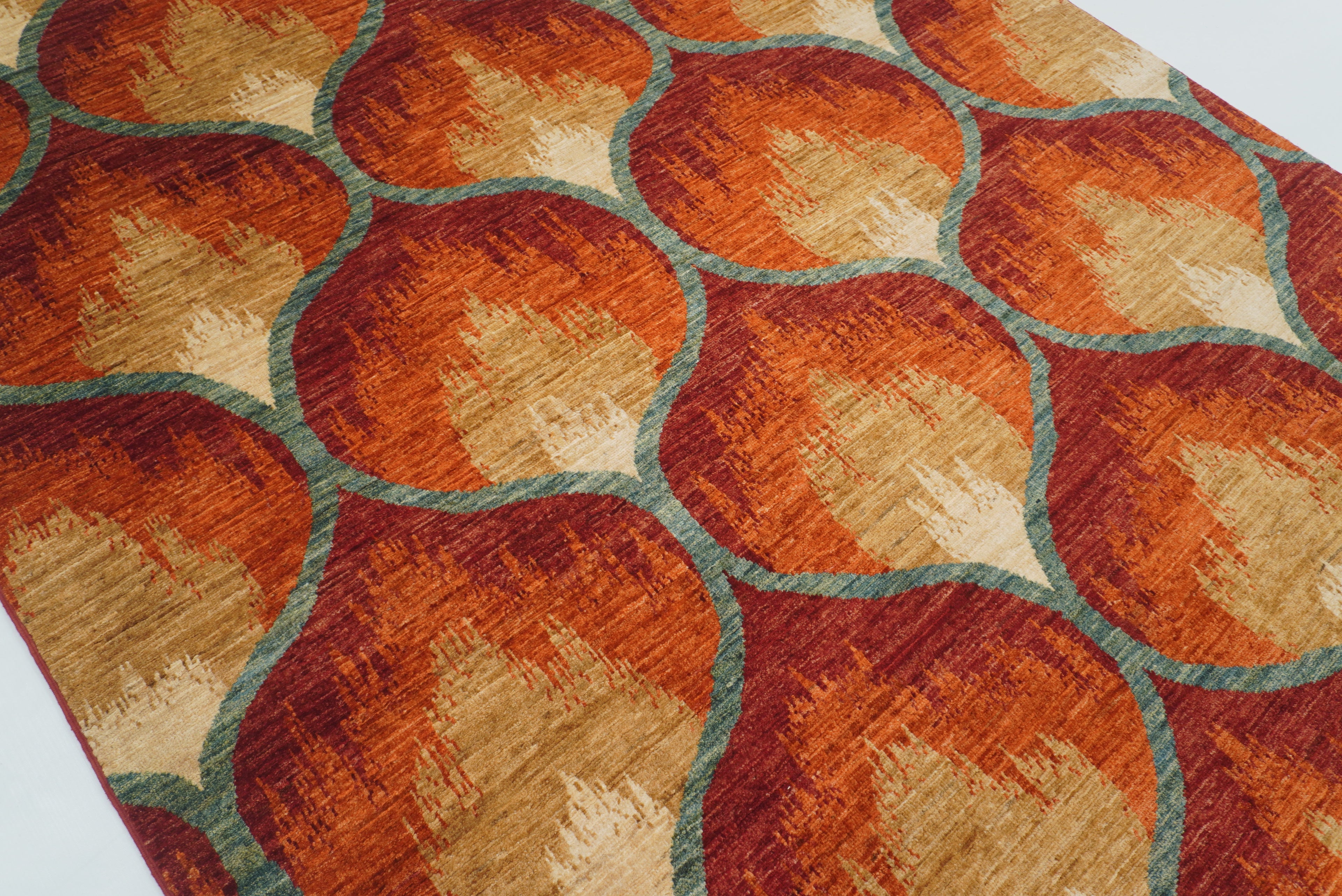 5'7"x7'9" Red Rust Ikat Rug: Afghan Hand-Knotted Wool Rug - Yildiz Rugs