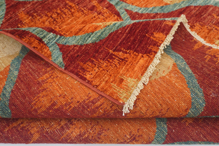 5'7"x7'9" Red Rust Ikat Rug: Afghan Hand-Knotted Wool Rug - Yildiz Rugs