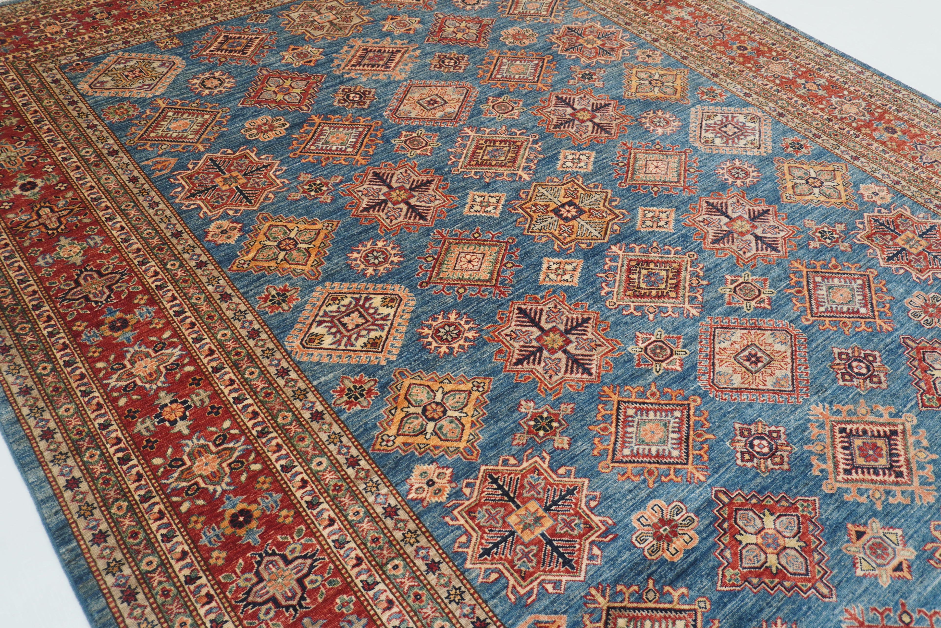 9x12 Blue Kazak Afghan Hand-Knotted Rug - Yildiz Rugs