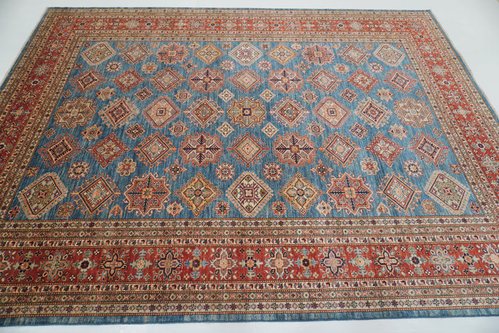 9x12 Blue Kazak Afghan Hand-Knotted Rug - Yildiz Rugs