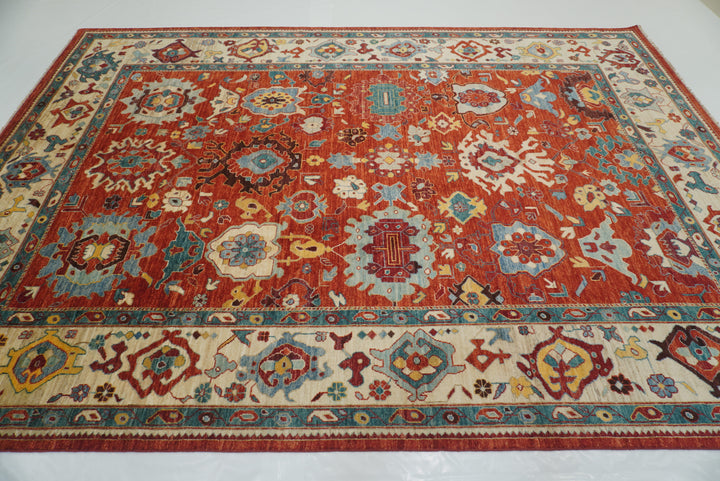10x14 Red Oushak Hand-Knotted Wool Oriental Rug - Yildiz Rugs