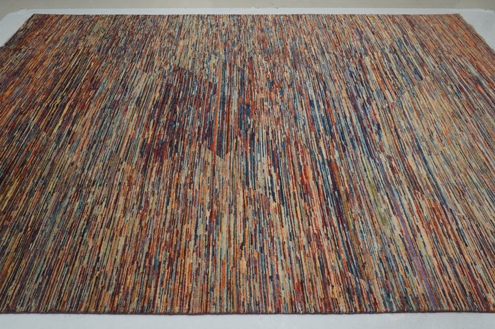 10x13 Multicolor Abstract Striped Afghan Hand knotted Modern Rug