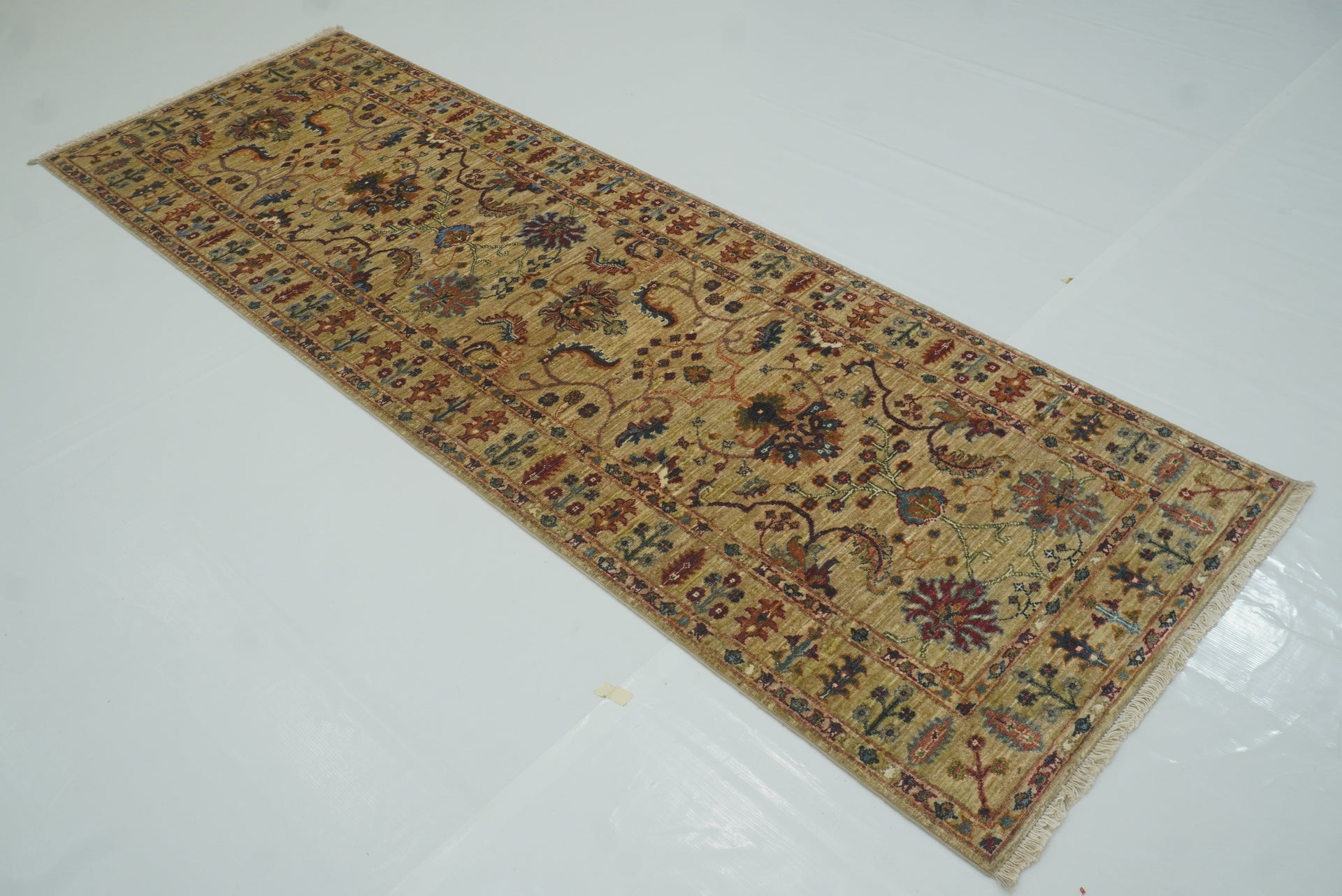 8 ft Waziri Beige Afghan Hand-Knotted Wool Runner Rug - Yildiz Rugs