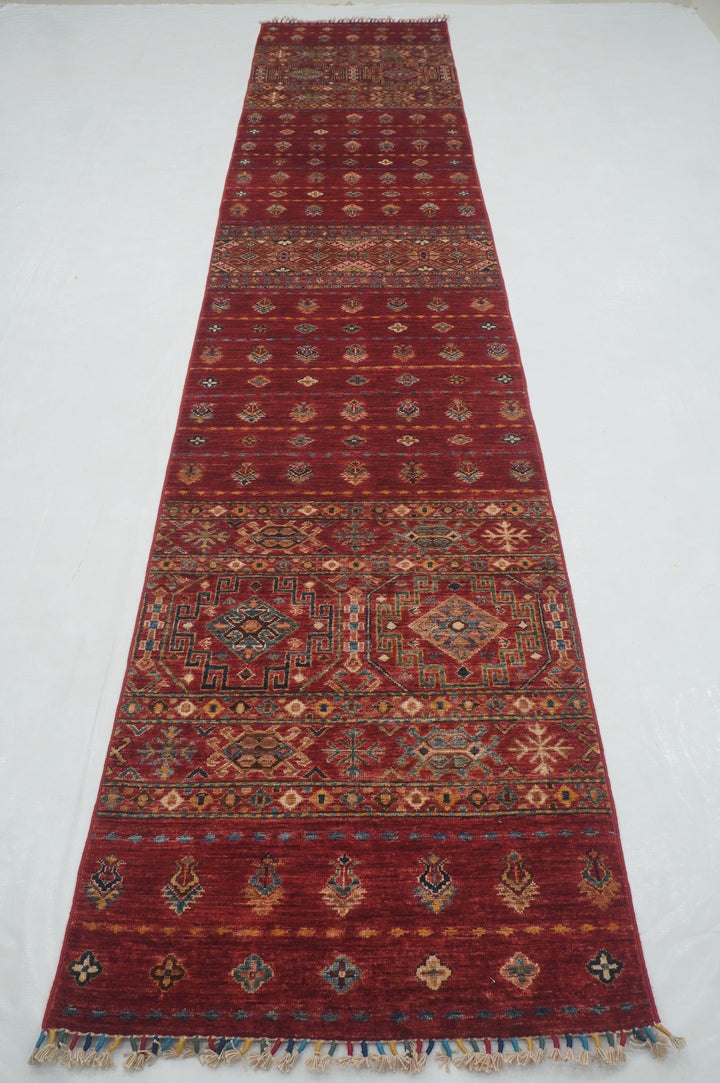 13 Ft Red Khorjin Afghan hand knotted Oriental Runner Rug