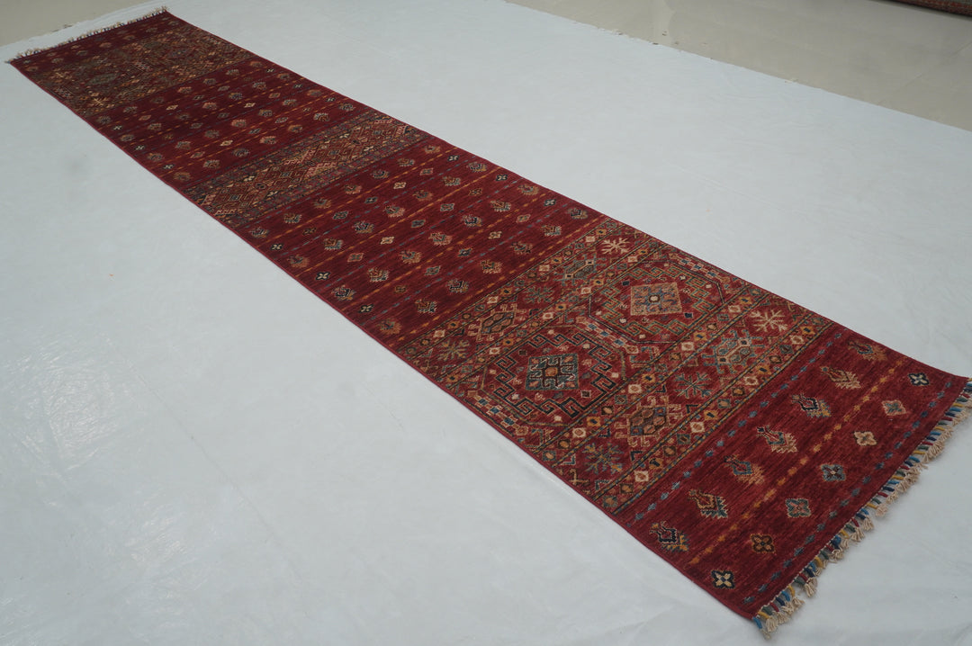 13 Ft Red Khorjin Afghan hand knotted Oriental Runner Rug