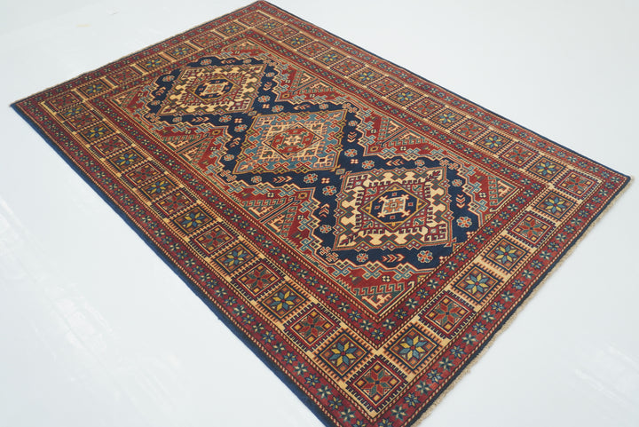 4x6 Navy Blue Shirvan Afghan Hand-Knotted Geometric Rug - Yildiz Rugs