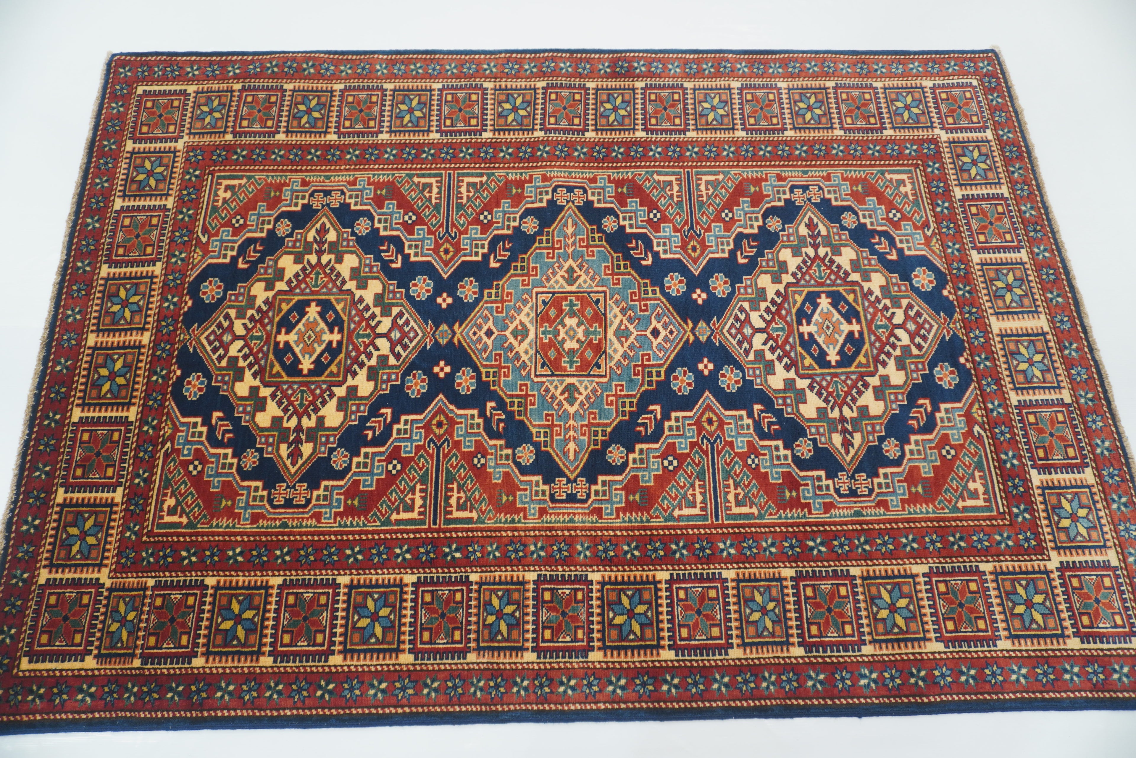 4x6 Navy Blue Shirvan Afghan Hand-Knotted Geometric Rug - Yildiz Rugs