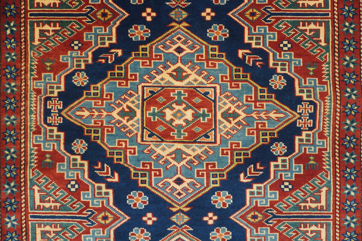 4x6 Navy Blue Shirvan Afghan Hand-Knotted Geometric Rug - Yildiz Rugs