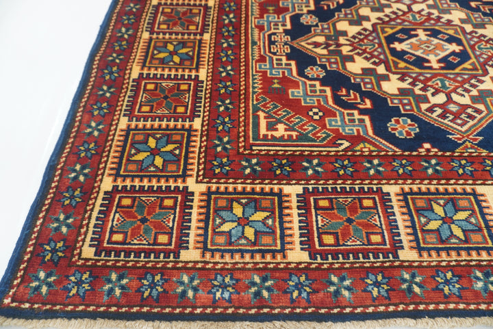4x6 Navy Blue Shirvan Afghan Hand-Knotted Geometric Rug - Yildiz Rugs