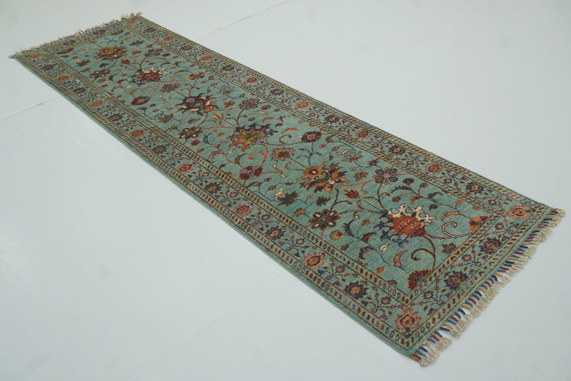 9 ft Waziri Blue Afghan Hand-Knotted Wool Runner Rug - Yildiz Rugs