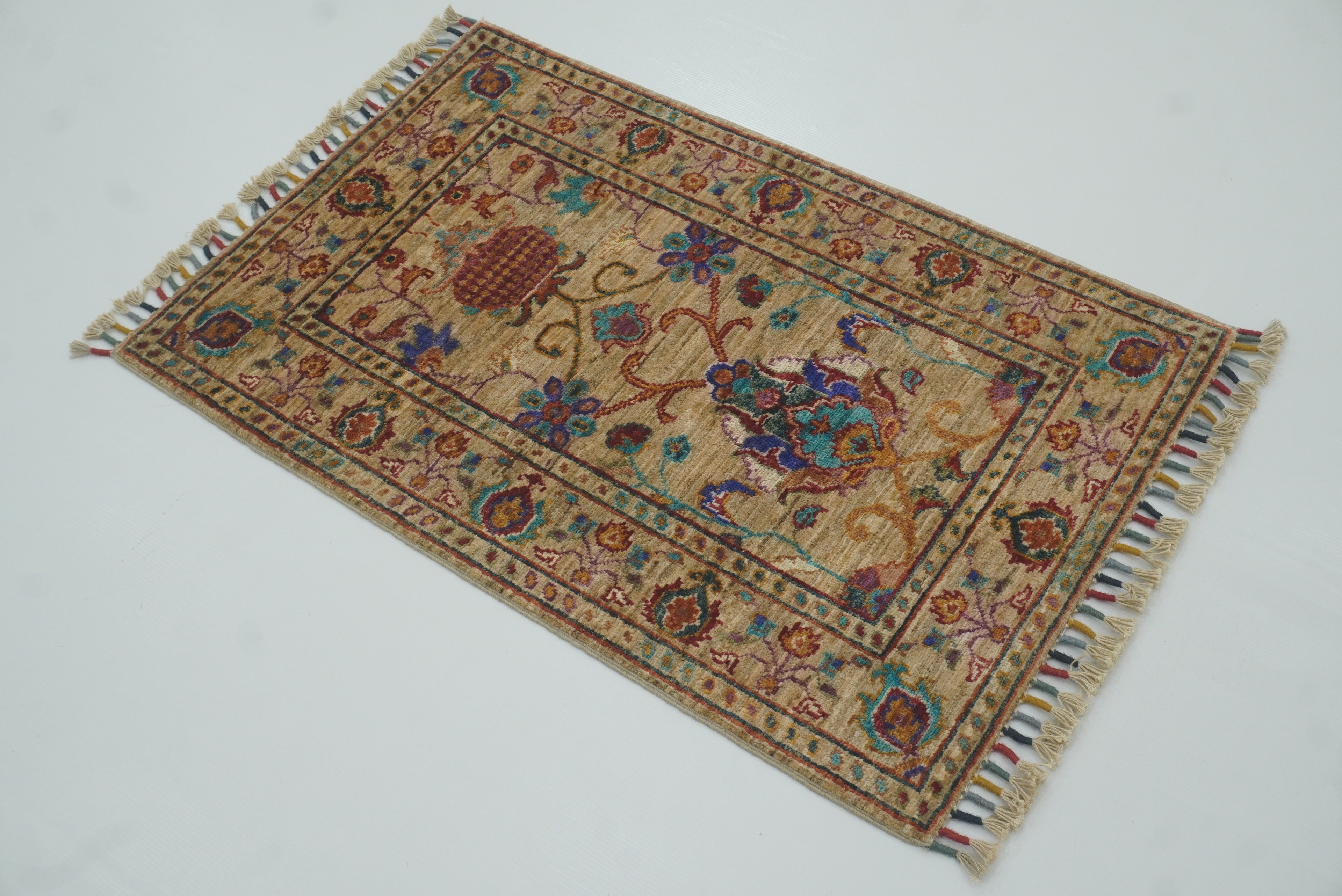 2x3 Beige Afghan Waziri Floral Hand Knotted Wool Rug - Yildiz Rugs