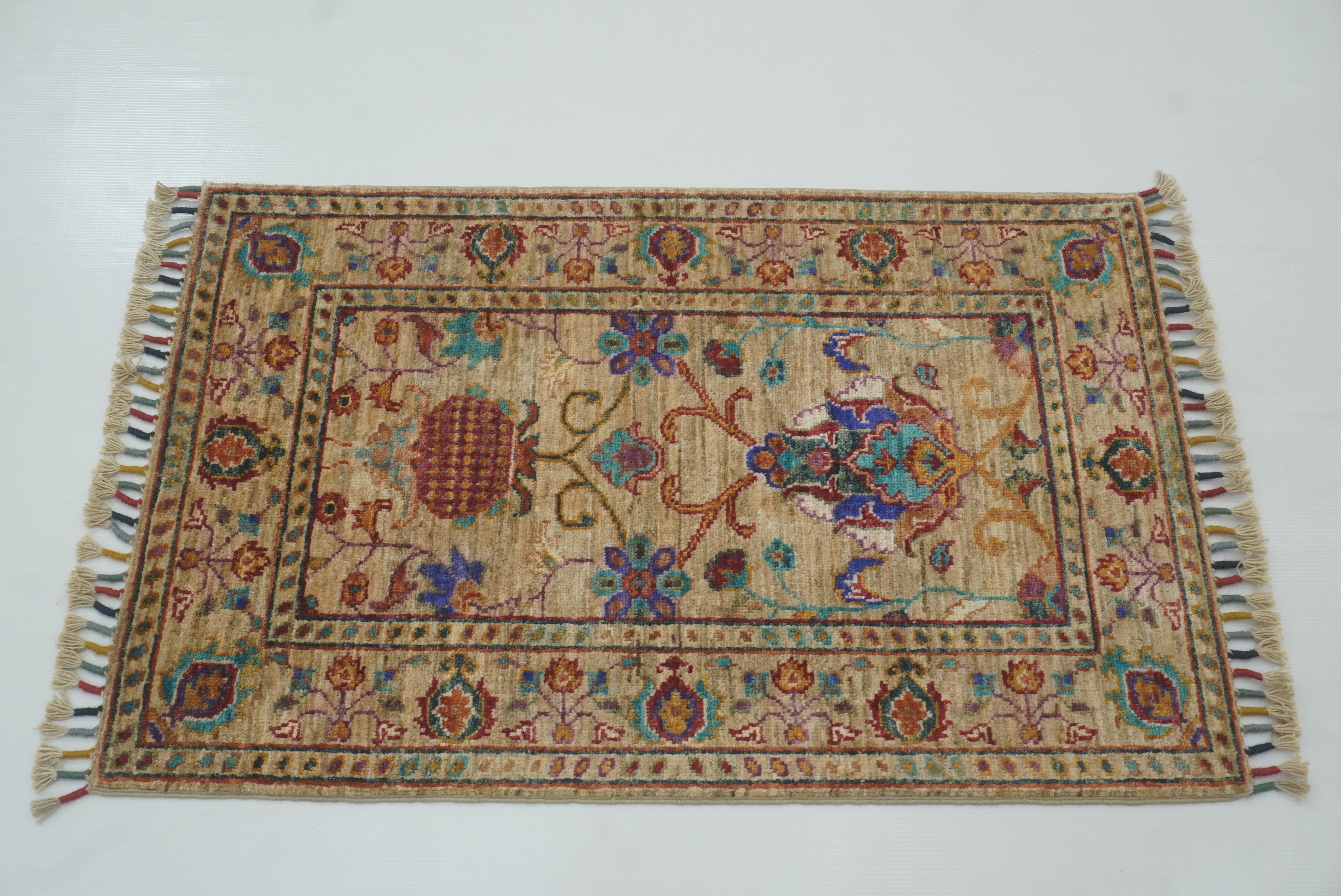 2x3 Beige Afghan Waziri Floral Hand Knotted Wool Rug - Yildiz Rugs