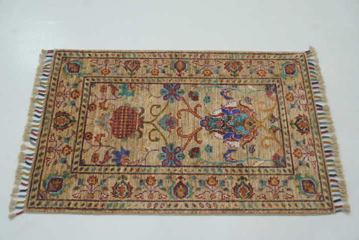 2x3 Beige Afghan Waziri Floral Hand Knotted Wool Rug - Yildiz Rugs
