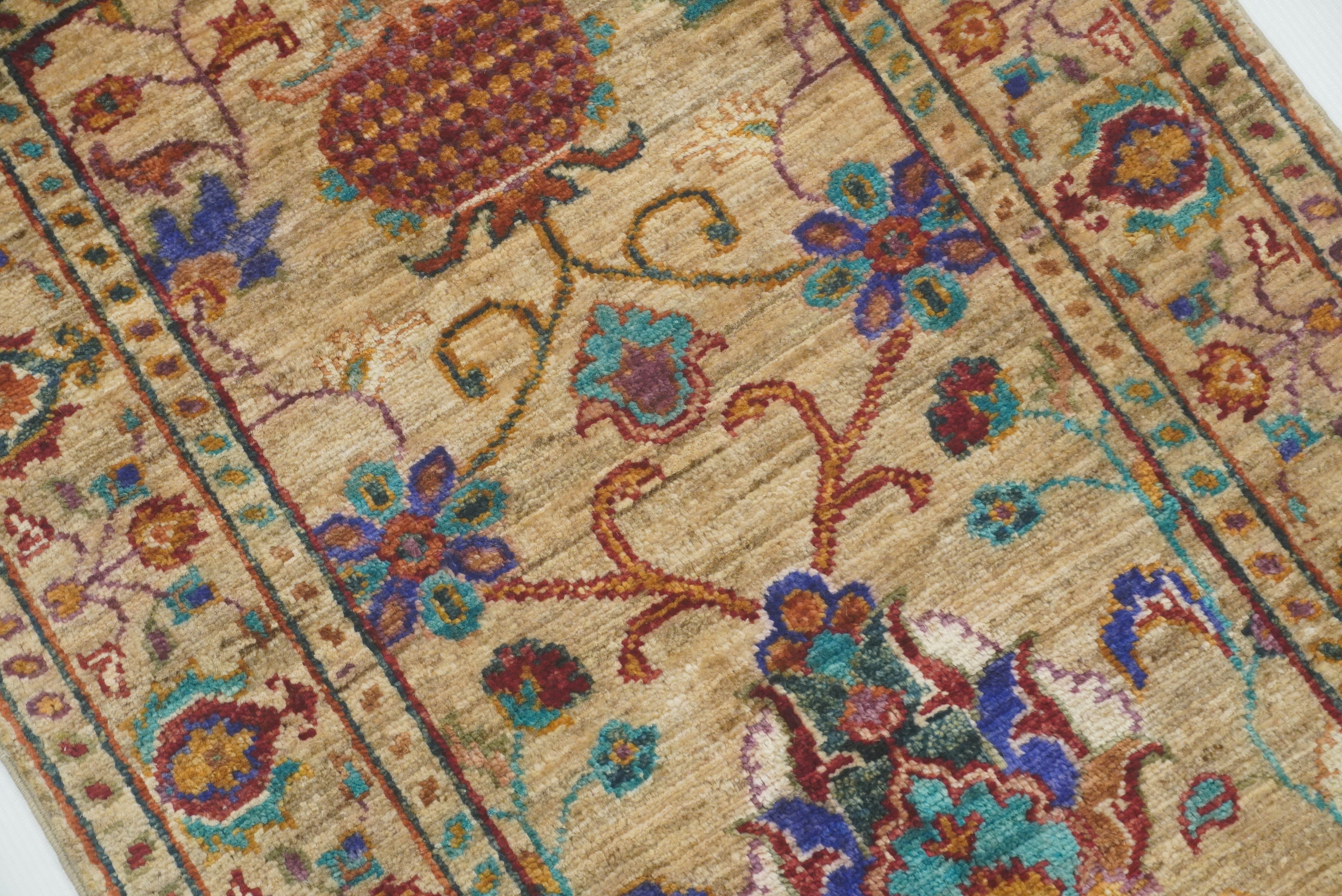 2x3 Beige Afghan Waziri Floral Hand Knotted Wool Rug - Yildiz Rugs
