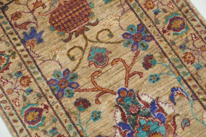 2x3 Beige Afghan Waziri Floral Hand Knotted Wool Rug - Yildiz Rugs