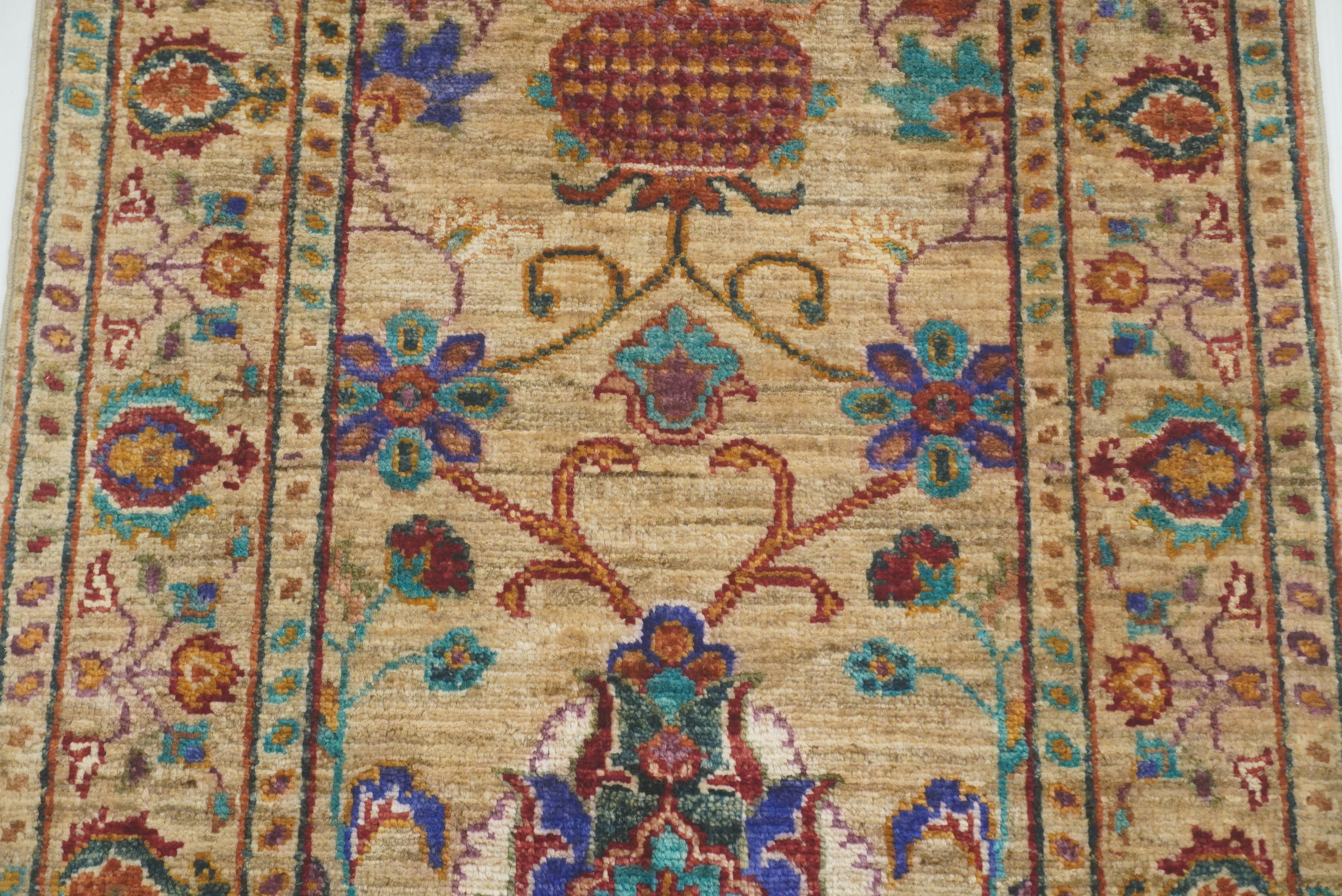 2x3 Beige Afghan Waziri Floral Hand Knotted Wool Rug - Yildiz Rugs