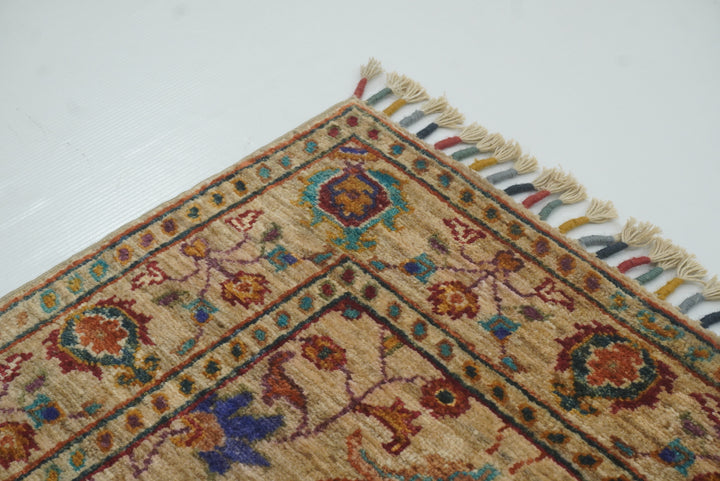 2x3 Beige Afghan Waziri Floral Hand Knotted Wool Rug - Yildiz Rugs
