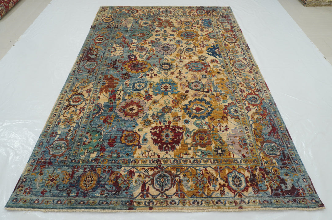 6x9 Beige Blue Modern Bidjar Afghan Hand knotted Oriental Rug - Yildiz Rugs