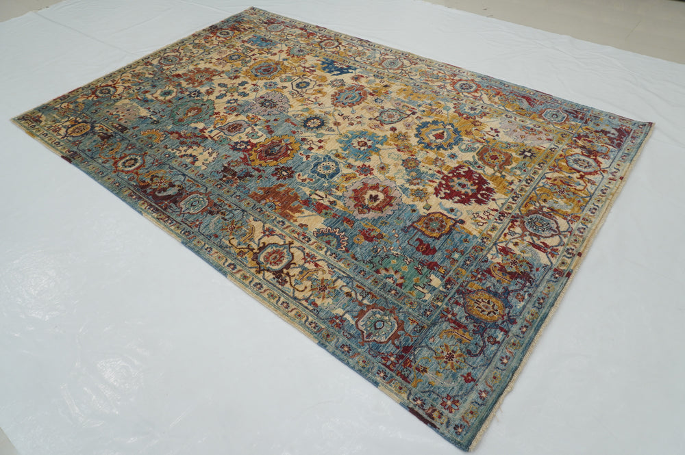 6x9 Beige Blue Modern Bidjar Afghan Hand knotted Oriental Rug - Yildiz Rugs