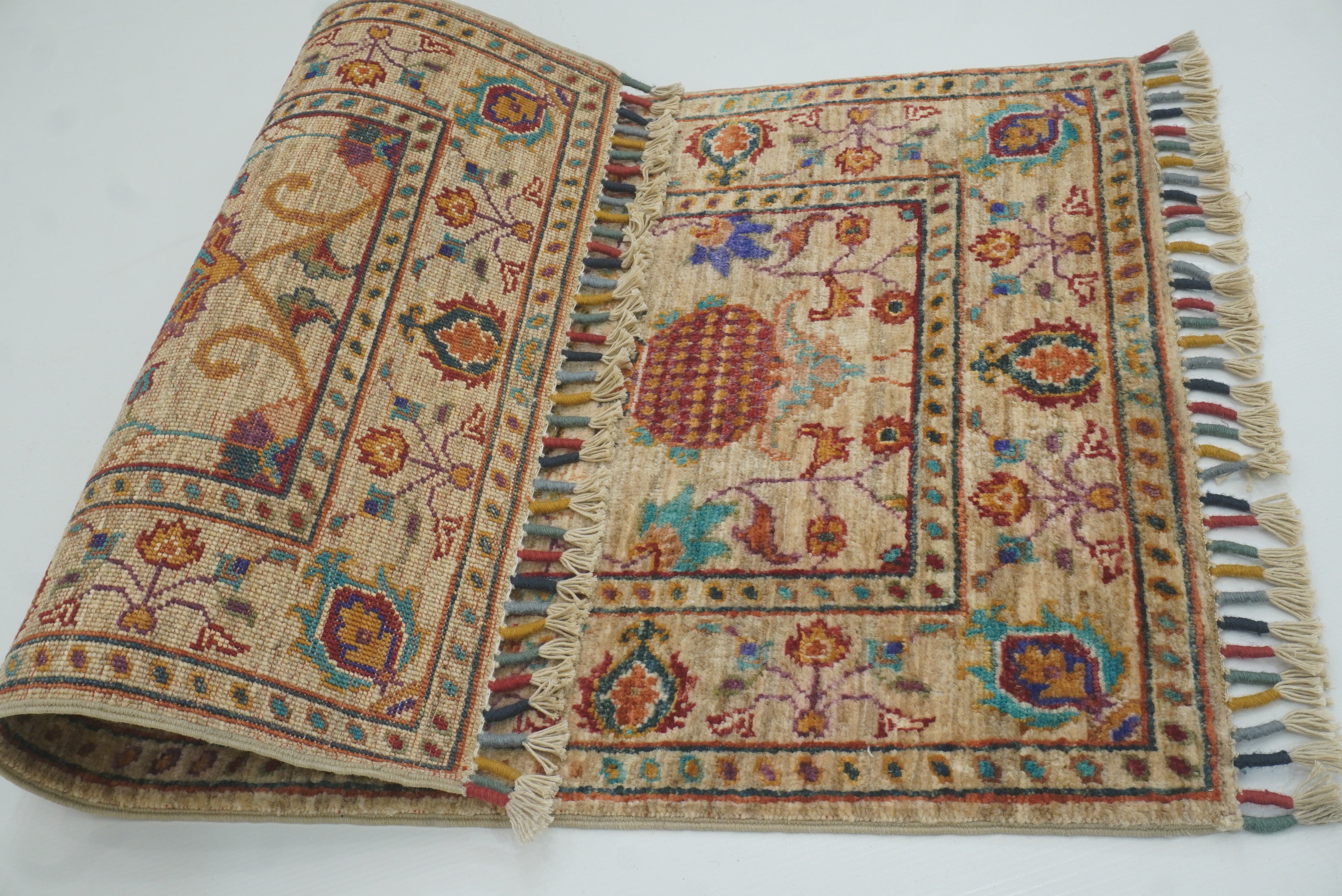 2x3 Beige Afghan Waziri Floral Hand Knotted Wool Rug - Yildiz Rugs