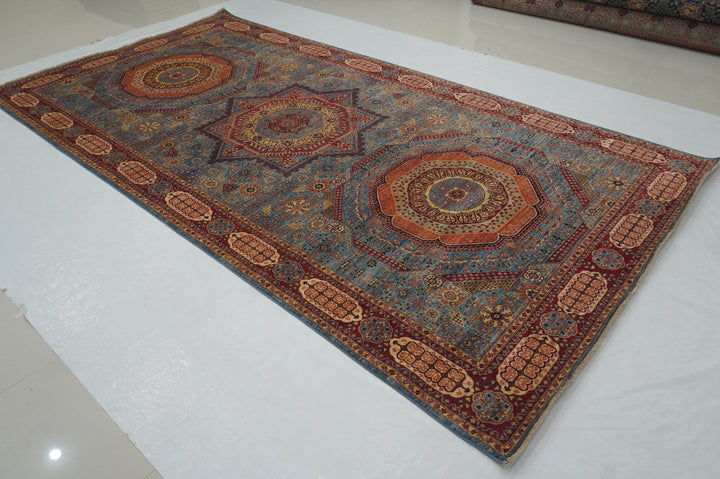 7x13 Blue Afghan Mamluk Hand Knotted Medallion Rug