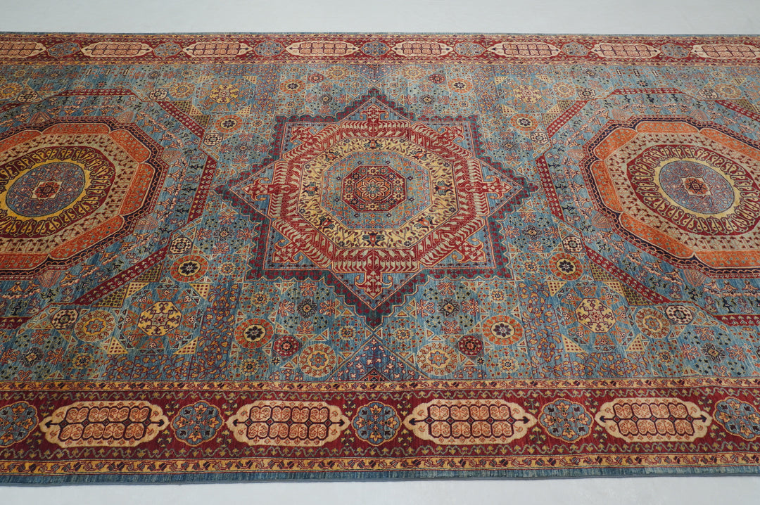 7x13 Blue Afghan Mamluk Hand Knotted Medallion Rug