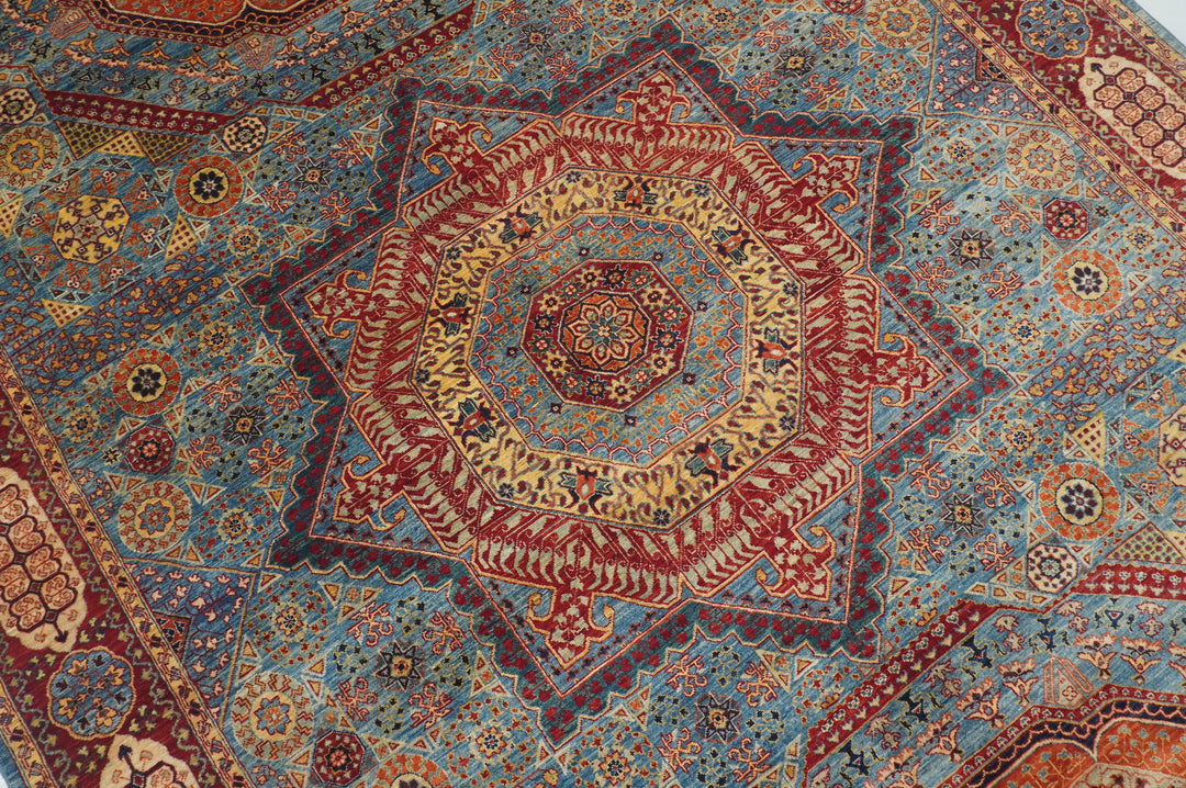 7x13 Blue Afghan Mamluk Hand Knotted Medallion Rug