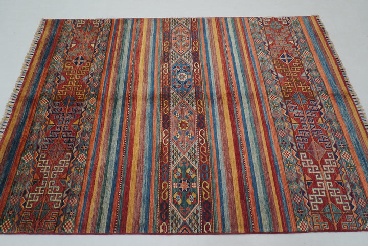 5x7 Red Striped Afghan Hand knotted Tribal Rug