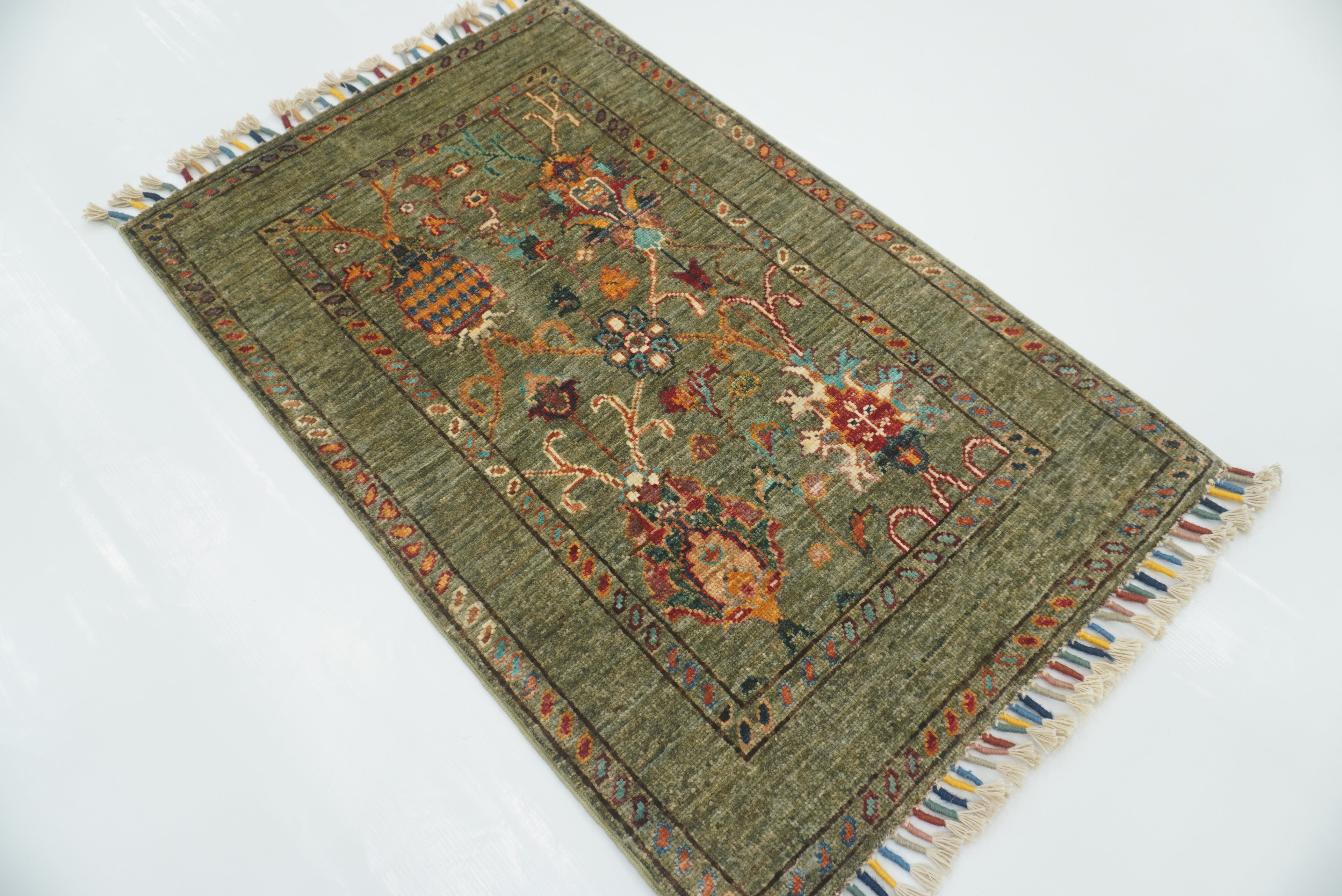 2x3 Green Afghan Waziri Floral Hand Knotted Rug - Yildiz Rugs