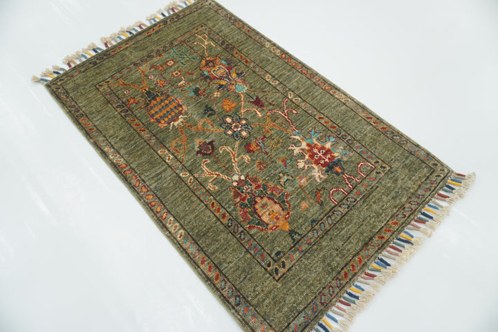 2x3 Green Afghan Waziri Floral Hand Knotted Rug - Yildiz Rugs