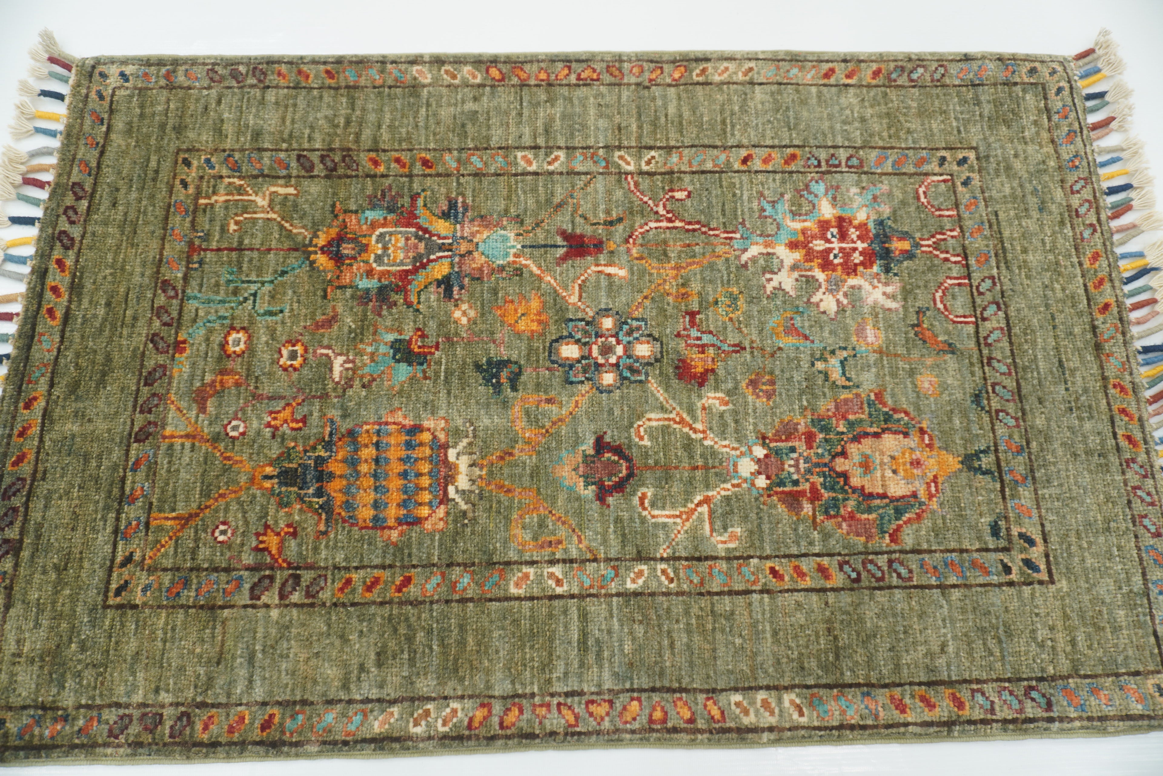 2x3 Green Afghan Waziri Floral Hand Knotted Rug - Yildiz Rugs