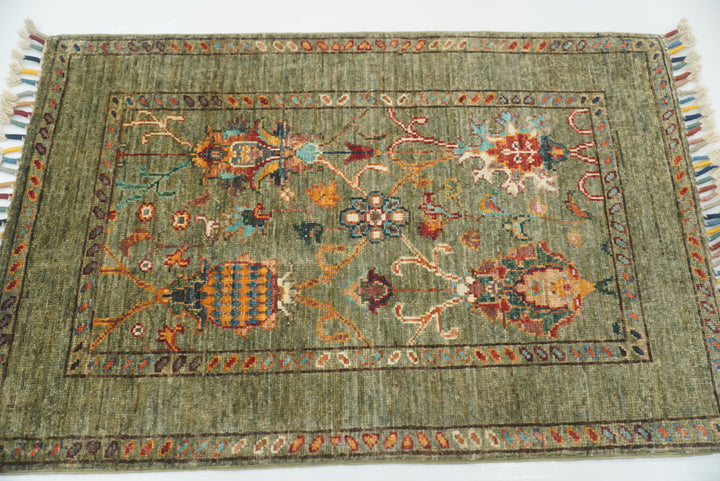 2x3 Green Afghan Waziri Floral Hand Knotted Rug - Yildiz Rugs