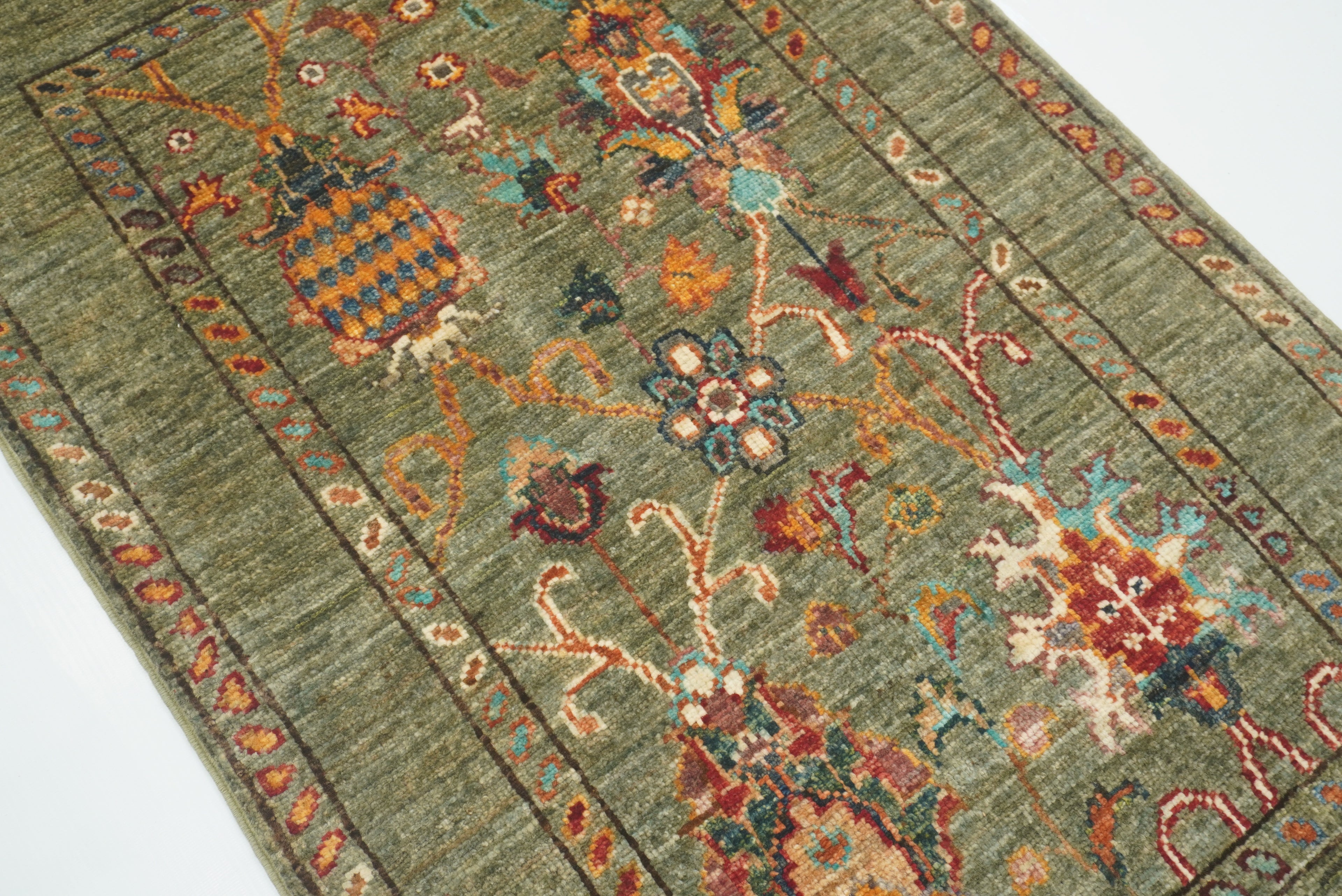 2x3 Green Afghan Waziri Floral Hand Knotted Rug - Yildiz Rugs